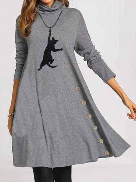

Cute Cat Shift Long Sleeve Cotton-Blend Casual Knitting Dress, Gray, Mini Dresses
