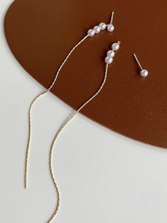 

Silver Needle Minimalist Pearl Long Earline Plain Alloy Earrings, Pearl white, Earrings