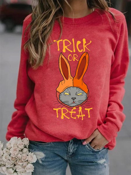 

Trick or Treat Holloween Cat Print Women sweater, Red, Hoodies&Sweatshirts