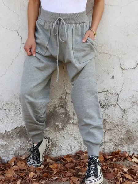 Casual Solid Pockets Pants, Gray, Pants