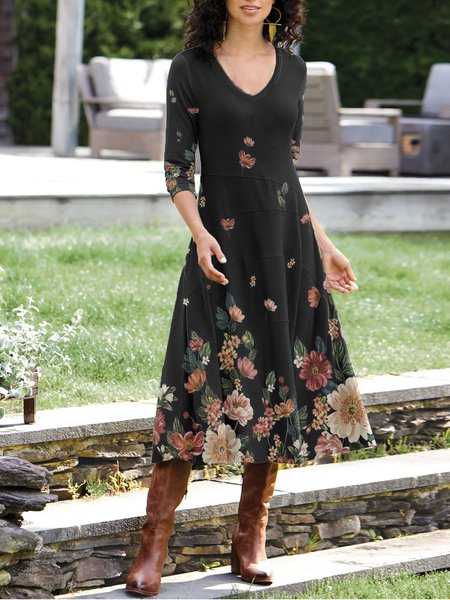 

Casaul Long Sleeve V Neck Dresses, Black, Dresses