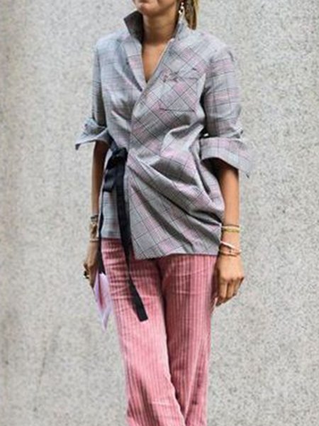 

Shawl Collar Plaid Long Sleeve Work Blazer, As picture, Blazers