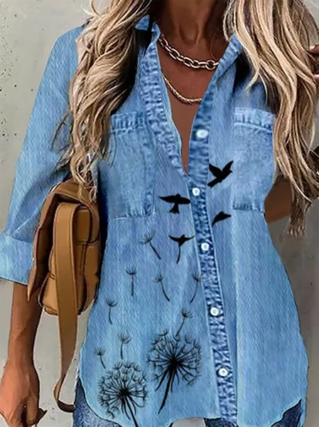

Plus size Denim Casual Printed Shirts & Tops, Blue, Blouses & Shirts