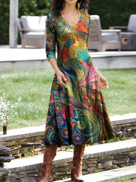 

Long Sleeve Casual V Neck Cotton-Blend Dresses, As picture, Tie dye dress