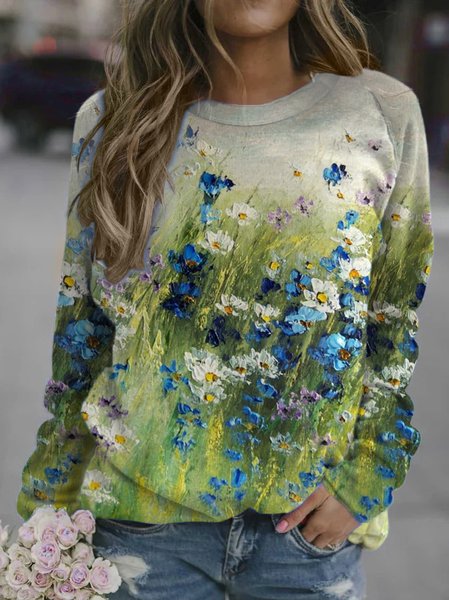 

Casual and simple floral gradient color printing round neck long-sleeved polyester-cotton sweatshirt, As picture, Hoodies&Sweatshirts