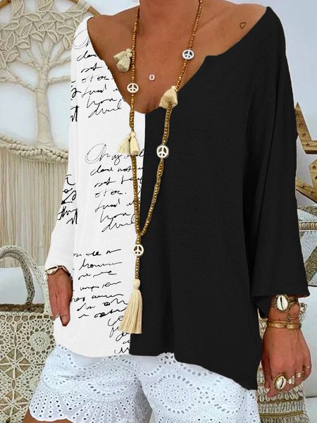 

Boho Long Sleeve Floral-Print Cotton-Blend T-shirt, Black-white, T-Shirts