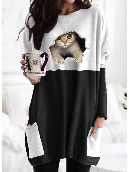Long Sleeve Cocoon Cat Shirts & Tops, Black-white, Long sleeve tops