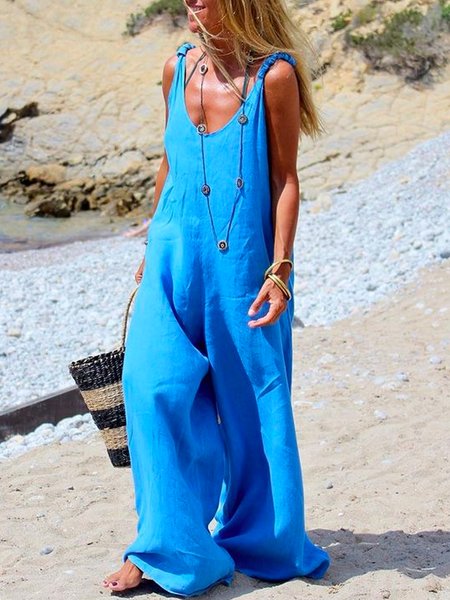 

V Neck Solid Work Jumpsuit & Romper, Blue, Jumpsuits