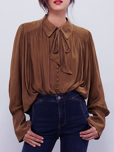 

Shirt Collar Long Sleeve Vintage Top, Brown, Blouses and Shirts