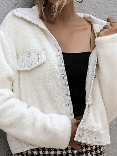 

New button lapel pocket women's coat tweed coat, White, Coats
