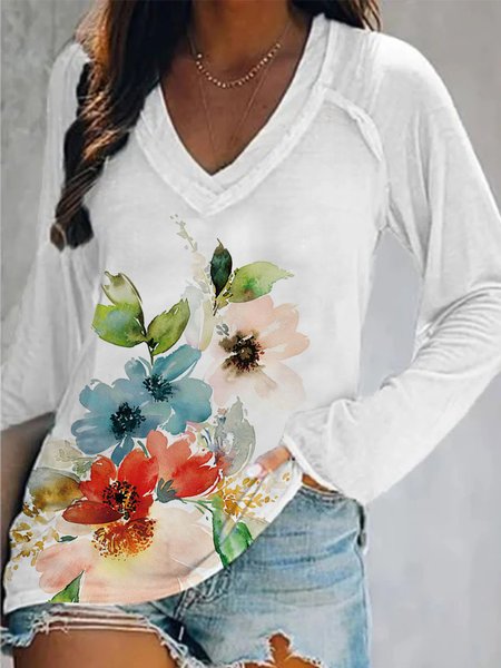 

White & Blue Watercolor Floral Sweatshirt, Hoodies&Sweatshirts