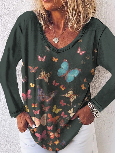

Plus size Butterfly Printed Long Sleeve T-shirt, Black, T-Shirts