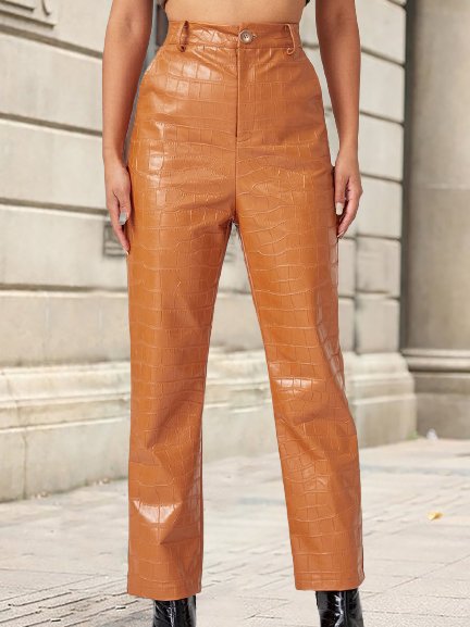 

Brown Vintage Shift Pu Leather Pants, Pants
