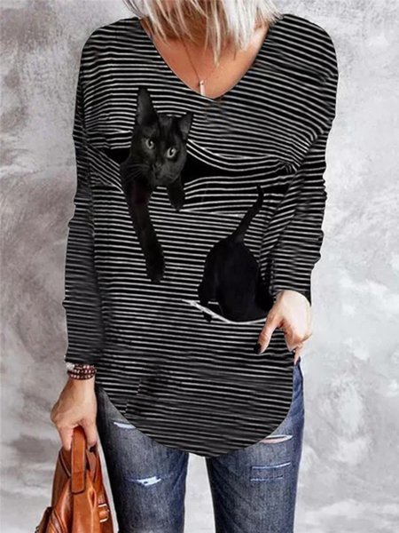 

Maniche Lunghe strisce Casuale Top, Nero-bianco, Blouses & Shirts