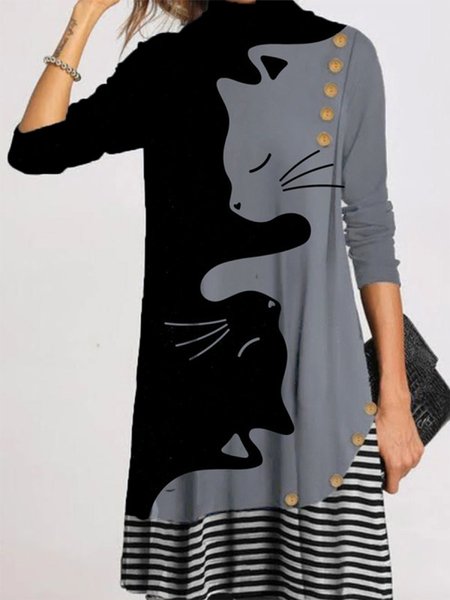 

Animal Long Sleeve Buttoned Dresses, Black-grey, Casual Dresses