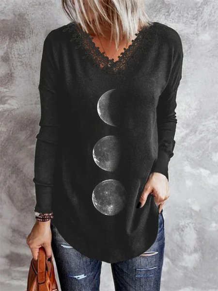 

V Neck Long Sleeve Cotton-Blend T-shirt, Black, T-Shirts