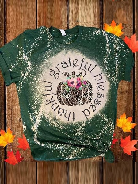 

Thankful,grateful,blessed.Pumpkin alphabet gradient print round neck short-sleeved polyester cotton T-shirt, Green, T-shirts