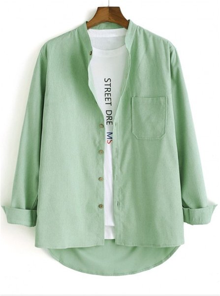 

Pockets Long Sleeve Vintage Plain Shirt, Green, Men's basic shirt
