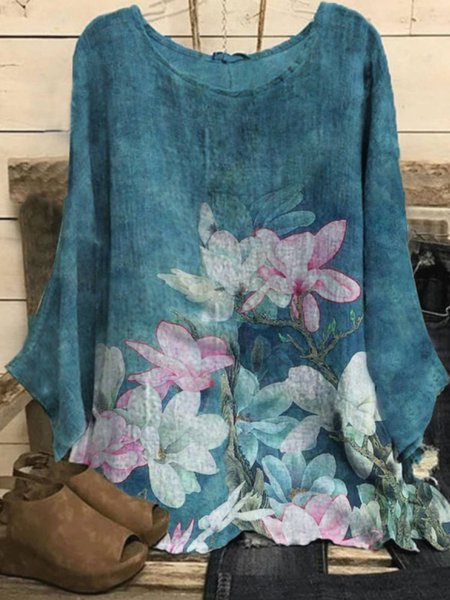 

Casual Printed Long Sleeve Round Neck Tops, Blue, Blouses & Shirts