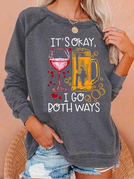 

It's Okay I Go Both Ways Women's Cotton-Blend Long Sleeve Sweatshirt, Gray, Hoodies&Sweatshirts