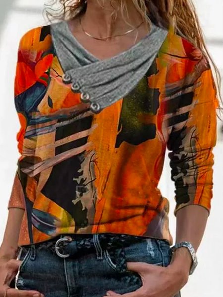 

Vacanza Maniche Lunghe Asimmetrico Stampato Floreale Top, Rosso-arancio, Blouses & Shirts
