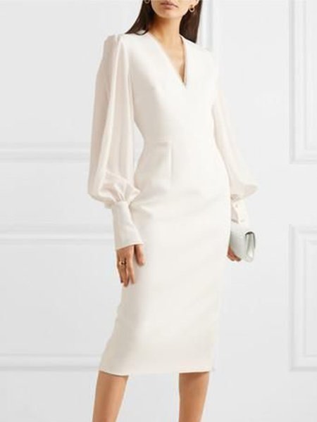 

Long Sleeve Solid V Neck Elegant Midi Dress, White, Midi Dresses