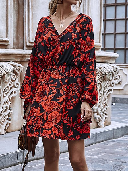 

Floreale Vacanza Scollo a V Mini Abito, Marrone, Midi Dresses