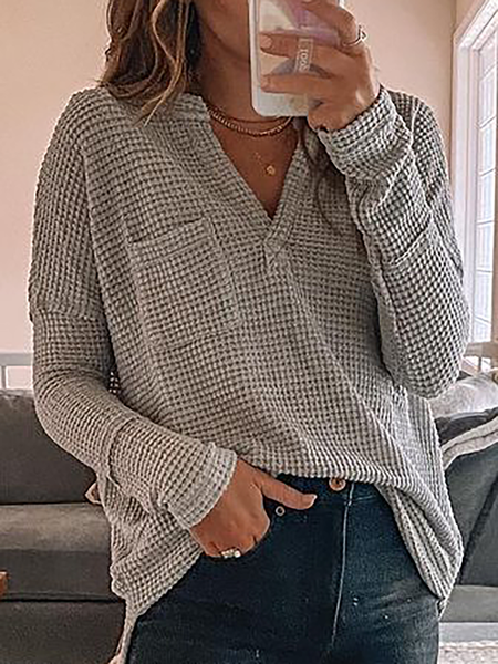 

taglia grande Scollo a V Maniche Lunghe Top, Grigio, Blouses & Shirts