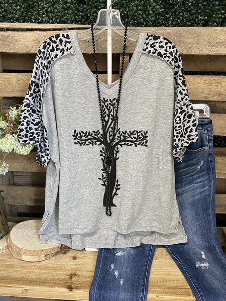 

V Neck Tulle Short Sleeve Shirts & Tops, Gray, Blouses