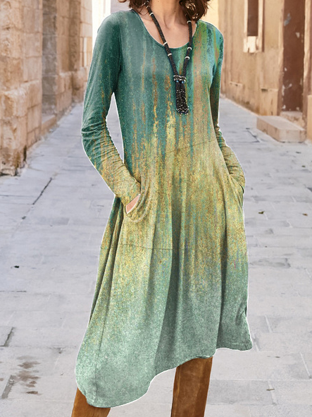 

Shift Cotton-Blend Long Sleeve Casual Dresses, Green, Tie dye dress