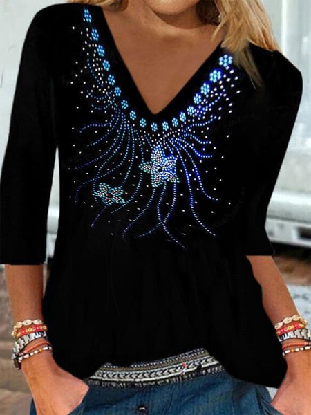 

Vintage Geometrico Floreale Hotfix 3/4 Manica Scollo a V taglia grande Casuale Top, Nero, Blouses & Shirts
