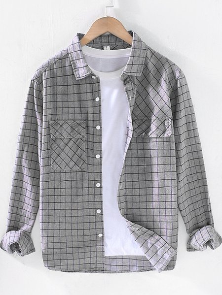 

Pockets Plaid Cotton-Blend Shirts & Tops, Gray, Men's Floral shirt