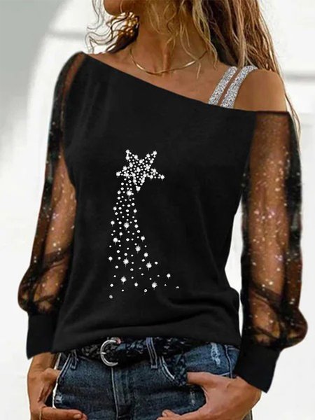 

Spalla Nuda Geometrico Maniche Lunghe Top, Nero, Blouses & Shirts