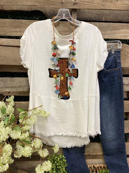 

Cotton-Blend Short Sleeve Crew Neck Shirts & Tops, Apricot, Blouses