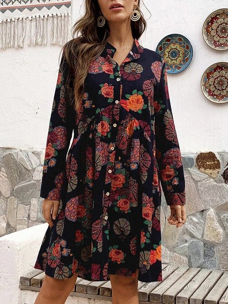 

Scollo a V A-line Casuale Floreale Abito, Nero, Midi Dresses
