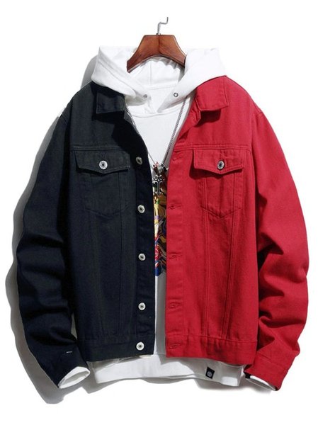 

Casual Color-block Denim Jackets, Black red, Jackets & Coats