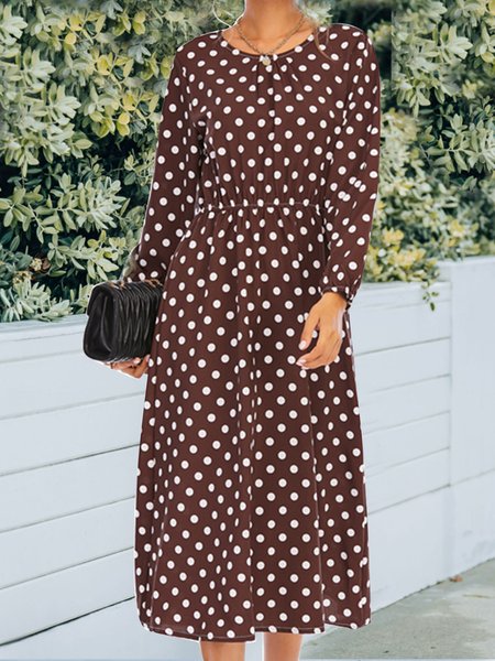 New Chiffon polka dot print round neck waist long swing dress, Coffee, Casual Dresses