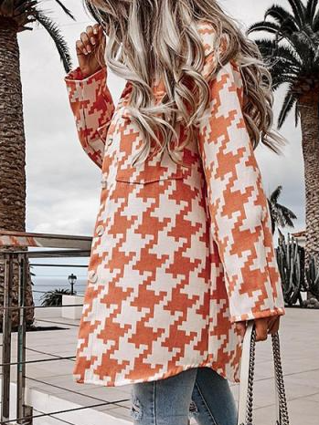 

Shirt Collar Vintage Long Sleeve Geometric Outerwear, Orange, Coats