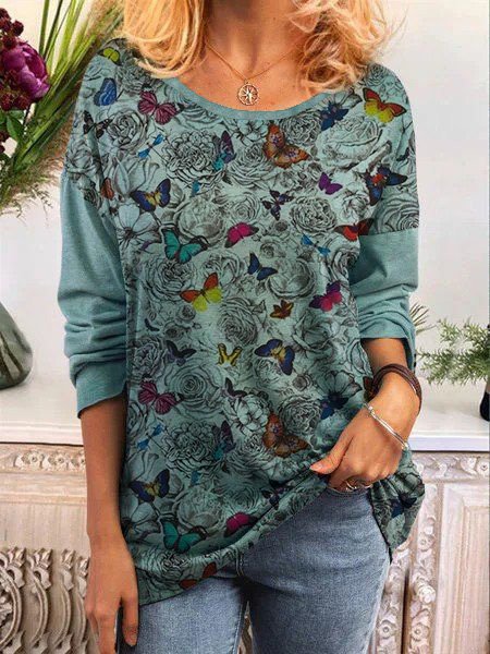 

Vintage Misto Cotone Maniche Lunghe Camicie & Top, Verde, T-Shirts