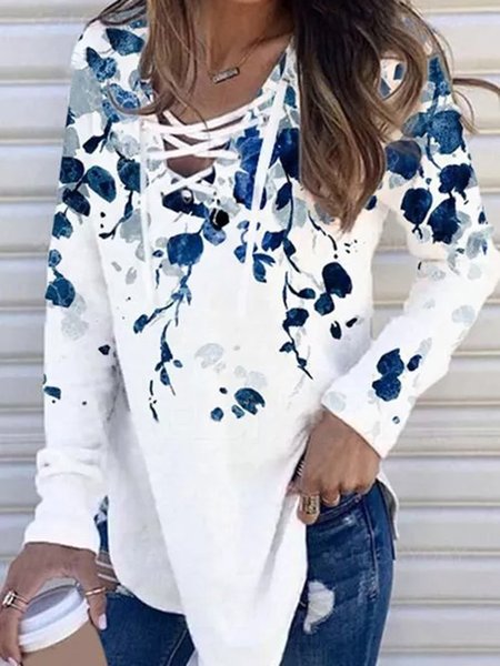 White Floral Printed Lace-up Casual Long Sleeve Round Neck Shirts & Tops, Blouses & Shirts