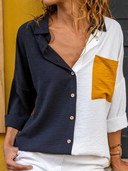 

Casual Single-Pocket Color-Blocking Loose Long-Sleeved Lapel Shirt, Multicolor, Shirts & Blouses
