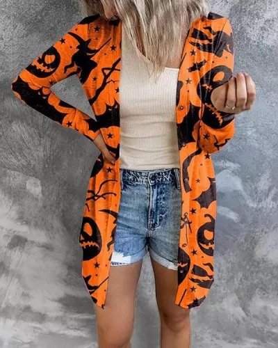 

Halloween Long Sleeve Casual Outerwear, Orange, Jackets& Coats