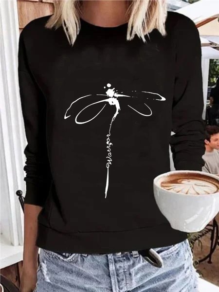 

Casual Long Sleeve Round Neck Plus Size Printed Tops T-shirts, Black, T-Shirts