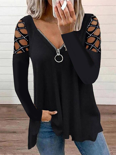 Scollo a V Maniche Lunghe Casuale Camicie & Top, Nero, Blouses & Shirts