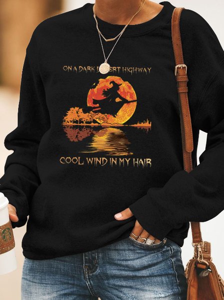

Casual and simple Halloween witch letter print round neck long-sleeved polyester cotton sweatshirt, Black, Hoodies&Sweatshirts