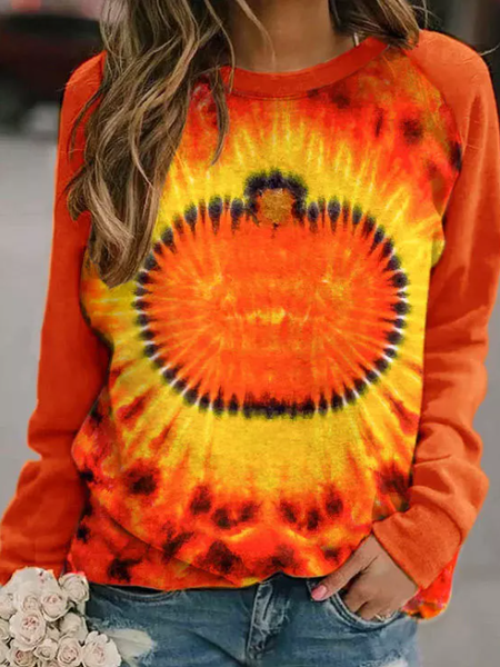 

Casual and simple Halloween pumpkin gradient color printing round neck long-sleeved stitching polyester-cotton sweatshirt, Orange, Hoodies&Sweatshirts