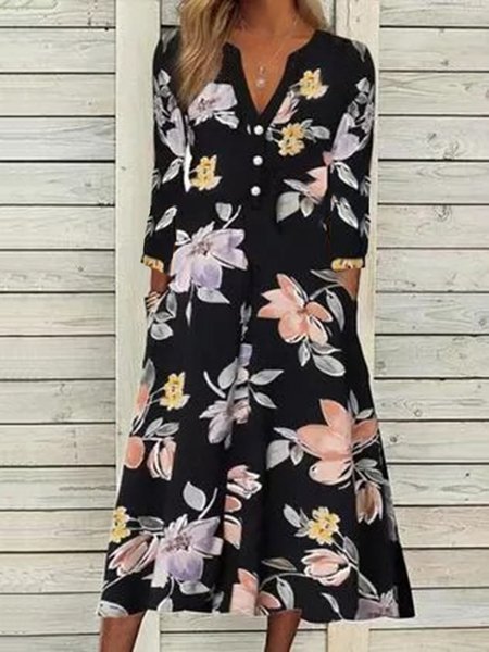 

Nero Stampata Floreale Abbottonato Tasche Scollo a V Maniche Lunghe Gonna Casuale, Midi Dresses