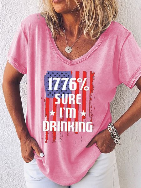 

American Flag Star Striped 1776% Sure I'm Drinking Women‘s Casual Short Sleeve V Neck Shirts & Tops, Pink, T-shirts