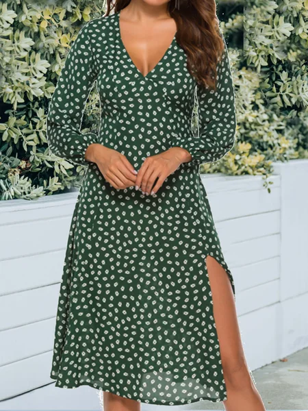 

New sexy split V-neck print slim Long Sleeve Chiffon Dress, Green, Casual Dresses