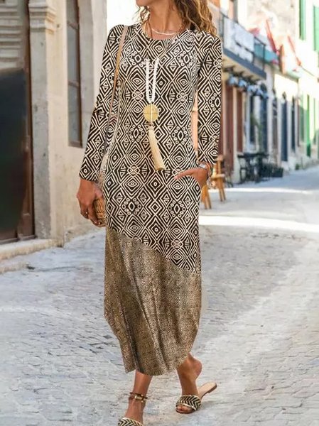 

Geometrico A-line Scollo a Barchetta Maniche Lunghe Abito, Multicolore, Dresses